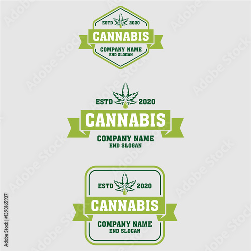Green Cannabis Leaf Logos with Ribbons and Pixel Art Style