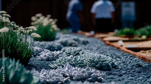 xeriscape garden featuring drought resistant plants, including succulents and flowering species, is displayed with focus on sustainable landscaping. Two blurred figures are visible in background