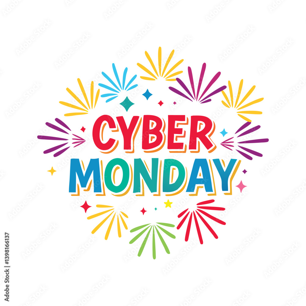 Obraz premium Cyber Monday text with vector firework burst