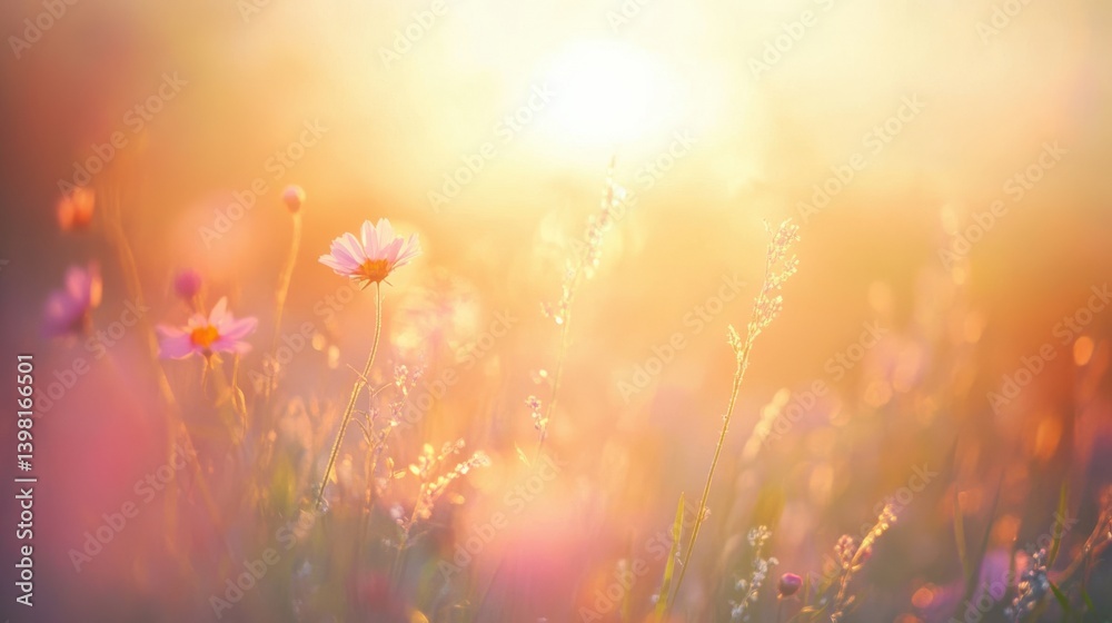 Fototapeta premium Tranquil sunrise over a blooming summer meadow with golden light, wildflowers, and morning mist capturing the essence of solstice energy and seasonal renewal.