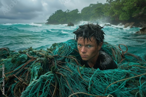 Young boy emerges from ocean waves, entangled in fishing nets on a stormy day in a tropical location