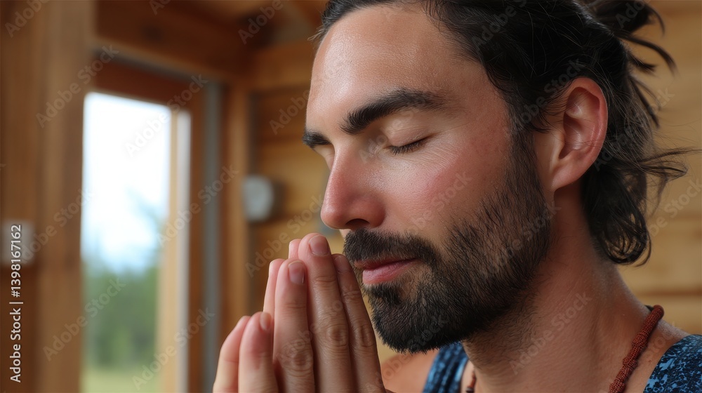 A serene man with closed eyes and hands together in prayer, set in a wooden interior, conveying a sense of peace and mindfulness. A serene man with closed eyes and hands together in prayer, set in a wooden interior, conveying a sense of peace and mindfulness.