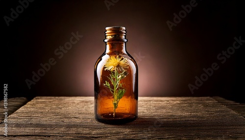 A single wildflower in an antique amber glass bottle with rustic textures