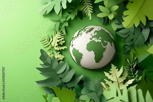 Simplified paper cutout of the Earth surrounded by green leaves and plants
