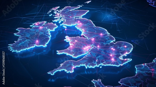 Futuristic map of great britain  a digital network with glowing lines illustrating connectivity