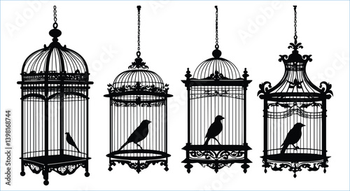 Black birdcage and bird silhouettes vector art. Bird cages and bird silhouettes vector icons