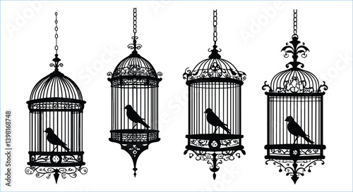 Black birdcage and bird silhouettes vector art. Bird cages and bird silhouettes vector icons