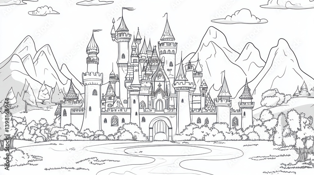 Naklejka premium A detailed line drawing of a castle set in a scenic landscape, surrounded by trees and mountains, evoking a fairytale atmosphere.
