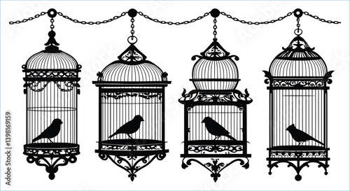 Black birdcage and bird silhouettes vector art. Bird cages and bird silhouettes vector icons