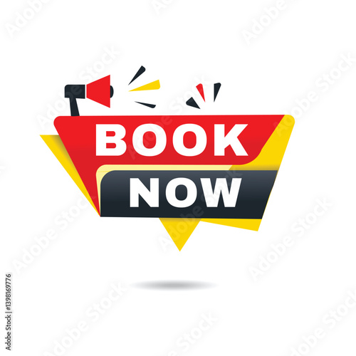 Book now label modern announcement banner  isolated vector megaphone icon. Speech Design template.