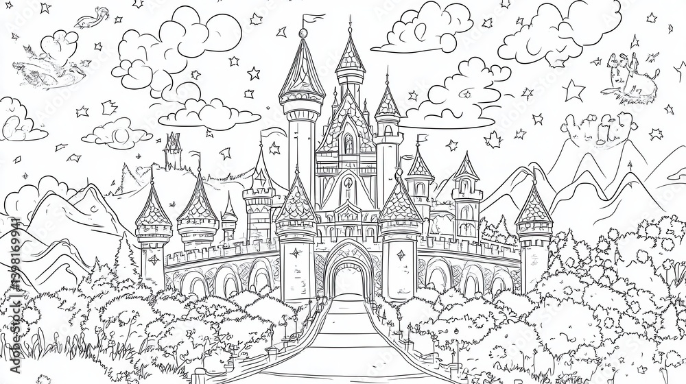 A detailed line drawing of a castle set in a scenic landscape, surrounded by trees and mountains, evoking a fairytale atmosphere. A detailed line drawing of a castle set in a scenic landscape, surrounded by trees and mountains, evoking a fairytale atmosphere.