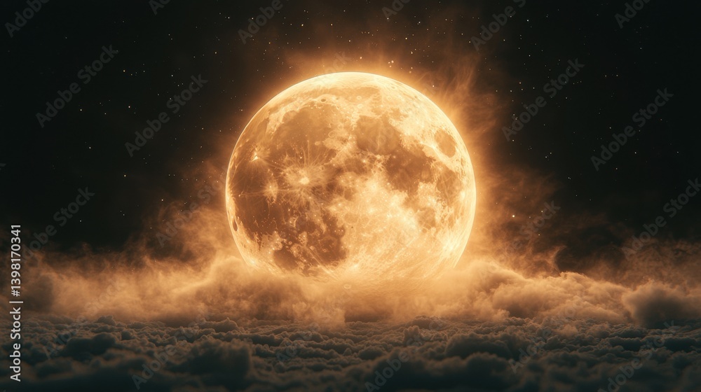 Obraz premium Majestic Full Moon Illuminating Dreamy Clouds at Night, Ethereal Glow with Soft Golden Hues, Creating a Mysterious and Tranquil Atmosphere, Stunning Atmospheric Effects in a Fantasy Style