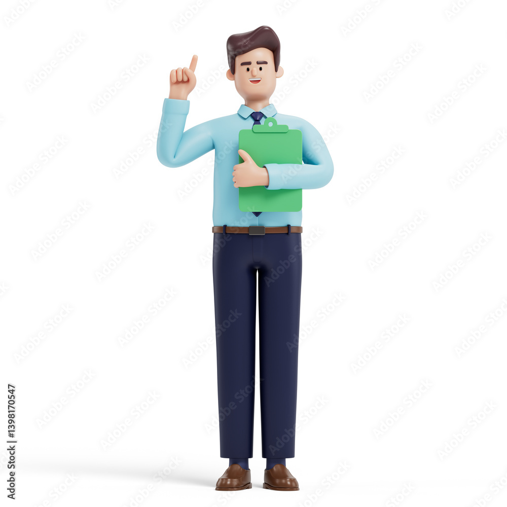 Man with green folder, pointing upwards, symbolizes new ideas or initiatives. 3D rendering, conceptual image. Isolated on white background. Man with green folder, pointing upwards, symbolizes new ideas or initiatives. 3D rendering, conceptual image. Isolated on white background.