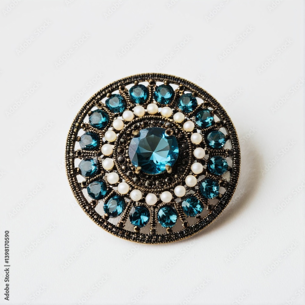 Elegant Circular Brooch Featuring a Central Teal Gemstone Surrounded by Pearls and Smaller Teal Jewels with Intricate Metalwork. Elegant Circular Brooch Featuring a Central Teal Gemstone Surrounded by Pearls and Smaller Teal Jewels with Intricate Metalwork.