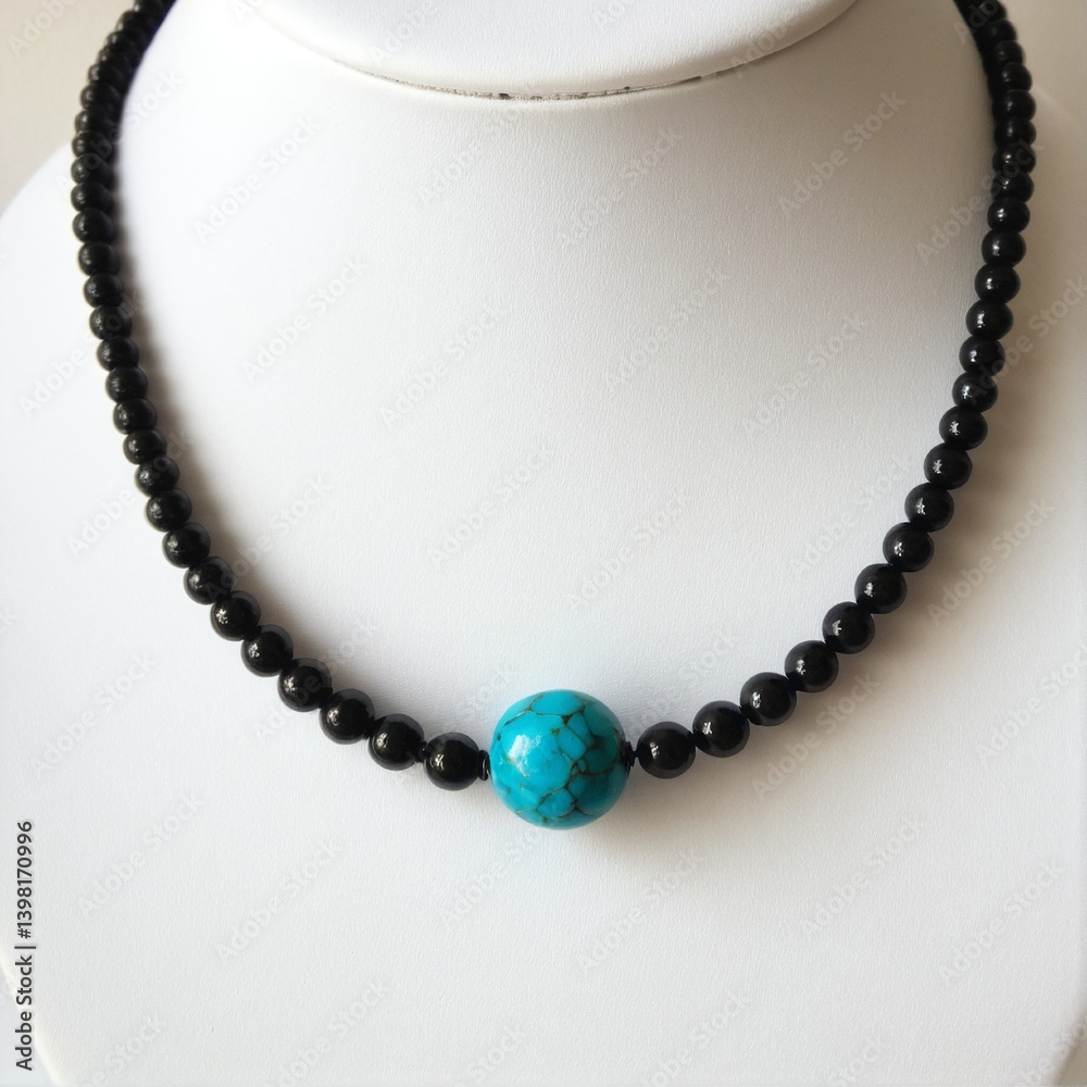 Elegant necklace featuring polished black beads, accentuated with a vibrant turquoise stone sphere, displayed on a clean white stand. Elegant necklace featuring polished black beads, accentuated with a vibrant turquoise stone sphere, displayed on a clean white stand.