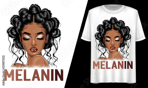 Melanin Queen Bantu Knots Natural Hair Power T-Shirt Design.
 photo