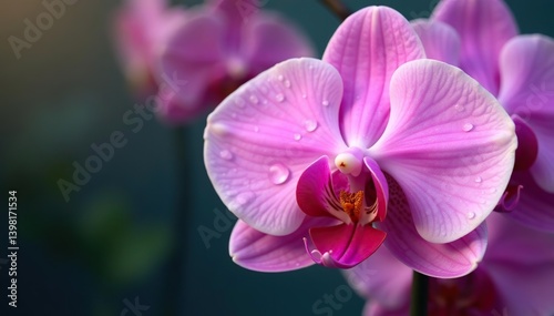 Water droplets glisten on delicate pink orchid petals,  botanical, water droplets