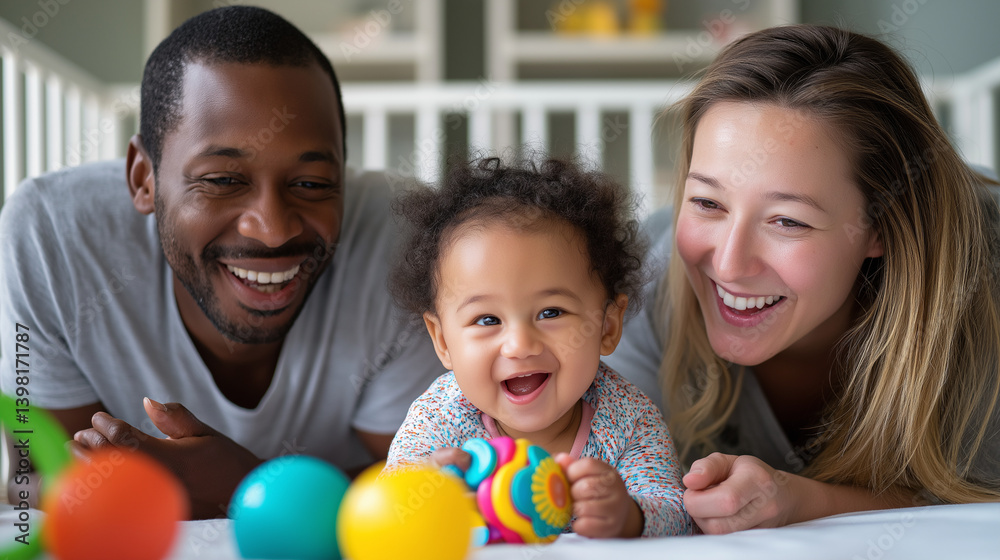 A joyful mixed-race family enjoying playtime in a sunlit bedroom A joyful mixed-race family enjoying playtime in a sunlit bedroom