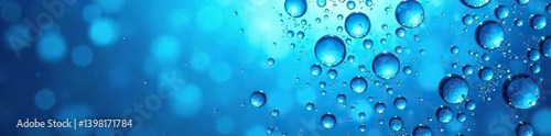 Water droplets on glass surface with a vibrant blue background,  reflections, water