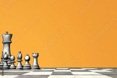 Chess game with multiple pawns facing tall king piece. Conceptual AI-generated illustration symbolizing inequality, power imbalance and societal structure dynamics in bold minimalism.