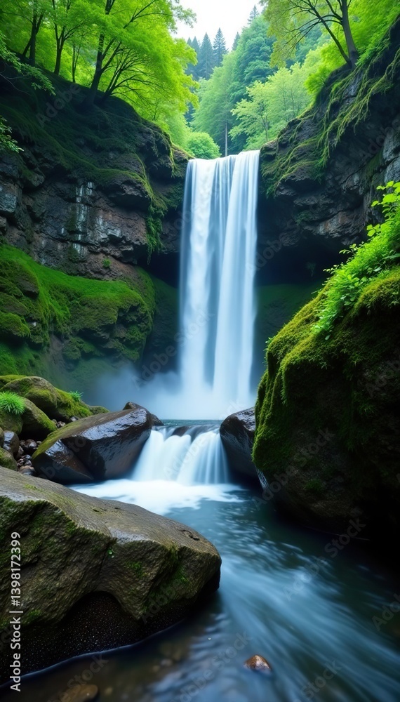Fototapeta premium Waterfall cascading over moss-covered rocks in lush landscape, mossy rocks, environment