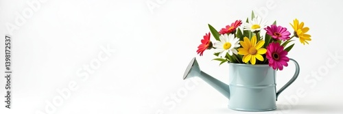 Watering can filled with vibrant spring flowers against a white background,  festive,  decoration