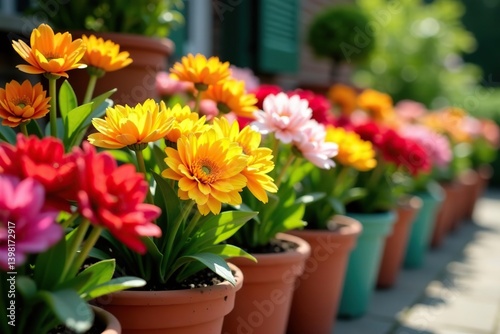 Fototapeta Naklejka Na Ścianę i Meble -  Vibrant assortment of flowers in colorful pots displayed in a sunny garden setting,  outdoor,  spring