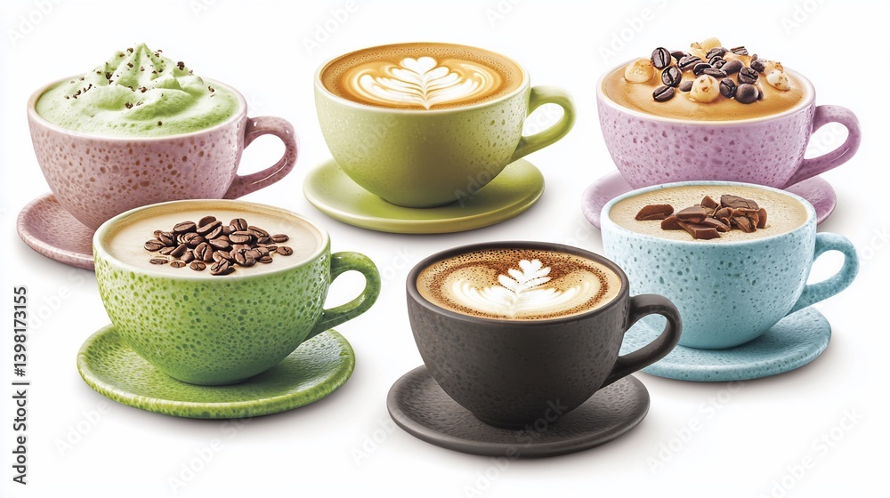 Assorted latte art coffees on white background Assorted latte art coffees on white background