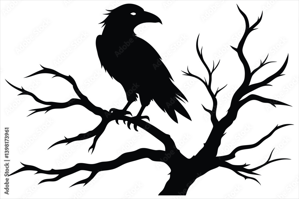 Fototapeta premium Raven bird silhouette on a dead tree branch