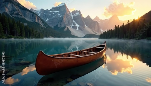 Wood canoe resting on the calm waters of Bowman Lake, with the first light of sunrise casting a golden glow on the surrounding mountains and pine trees,  sunrise,  reflection