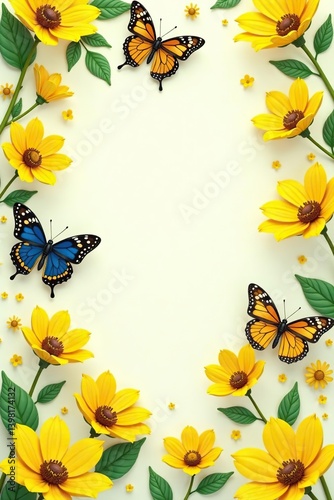 Yellow flowers and butterflies on a wide horizontal banner, creating a seamless floral pattern for a summer or spring background,  butterflies,  background
