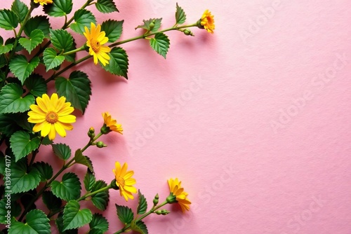 Yellow flowers and green vine climbing on a pastel pink wall background,  spring,  vine