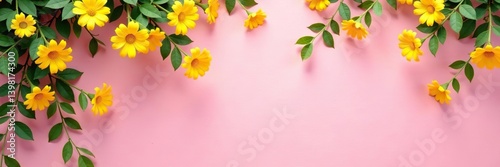Yellow flowers and vines cascading down a soft pink wall, adding a touch of whimsy to any space,  vines,  bright