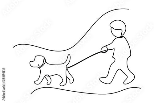 Single Stroke Illustration Of Person Walking Dog Outdoors Style Continuous Line Drawing On White Background Minimalist Design