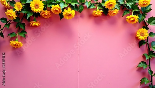 Yellow flowers and vine cascading down a vibrant pink wall,  decor, yellow