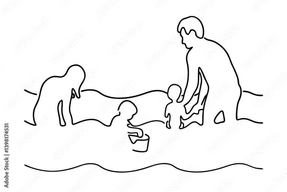 Family Enjoying Beach Day In Continuous Line Drawing Illustration Family Enjoying Beach Day In Continuous Line Drawing Illustration