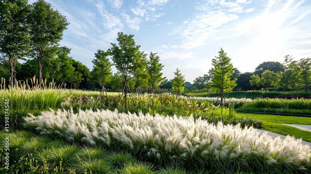 Sunny Park Landscape With Fluffy White Flowers Sunny Park Landscape With Fluffy White Flowers