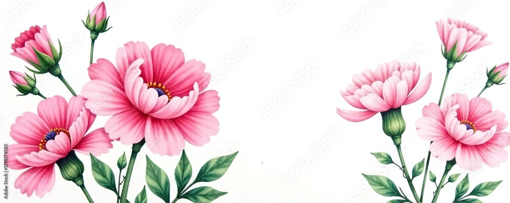 Obraz premium Watercolor illustration of pink carnations with green leaves, colorful, floral