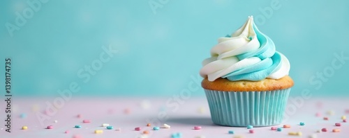 Whimsical blue & white swirled cupcake on pastel background with sprinkles,  pastel,  dessert