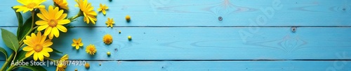 Yellow flowers scattered on a blue wooden backdrop, simple and minimalist,  decor,  minimalist