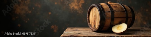 Wooden barrel resting on a rustic table with textured background,  barrel,  beverage