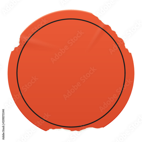 Vintage round red sticker with a ripped paper edge. Retro promotional blank element with aged, worn look in grunge. Wrinkled old shape for scrapbook designs, print, poster.	
