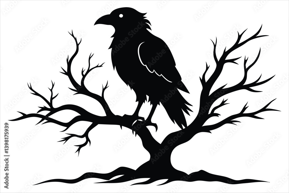 Fototapeta premium Raven bird silhouette on a dead tree branch
