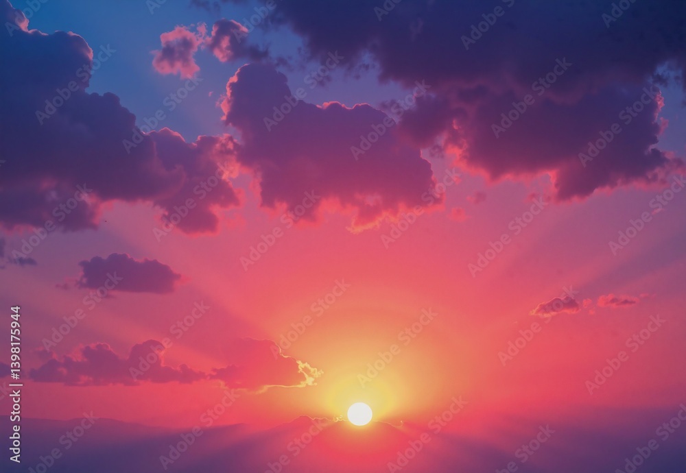 Naklejka premium Radiant hues of pink and purple paint the sky as the sun sets behind the horizon, casting dramatic rays through the clouds