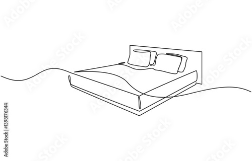 Bed in continuous line art drawing style. Double-size bed with bedding, Continuous one line drawing of bed - interior furniture. Bed in single line illustration. Editable stroke.