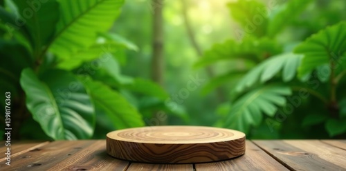 Wooden podium on tropical garden floor with blurred green foliage background, natural product display stand in jungle paradise setting,  concept,  blurred