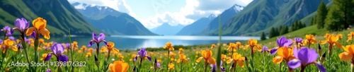 Wild Iris flowers blooming vibrantly in a vast field surrounded by the scenic beauty of Dundas Bay, Glacier Bay National Park, Alaska, USA,  flora,  Dundas Bay