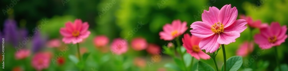 Vivid pink impatient flowers standing out in a garden with green foliage background, vivid, greenery Vivid pink impatient flowers standing out in a garden with green foliage background, vivid, greenery