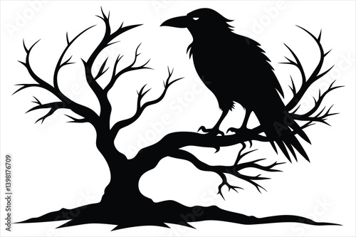 Raven bird silhouette on a dead tree branch
