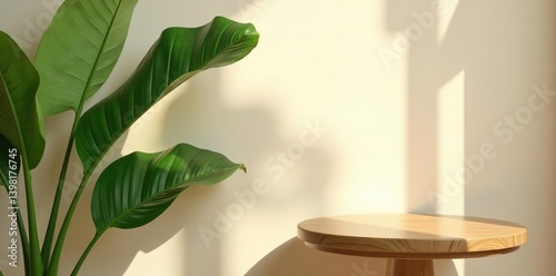 Wooden round side table with green tropical plant leaf and sun light casting beautiful shadows on beige wall for luxury beauty product display background,  jewelry,  green leaf